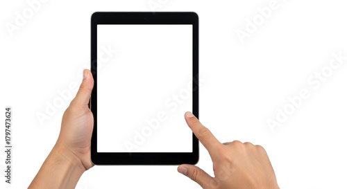 Tablet Held by Hands with Blank Screen holding white screen