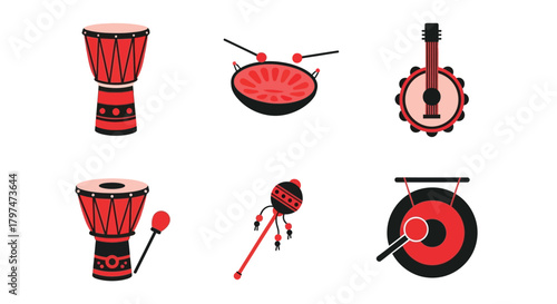World Music Traditional Instruments Icons Djembe Drum Gong Vector Illustration