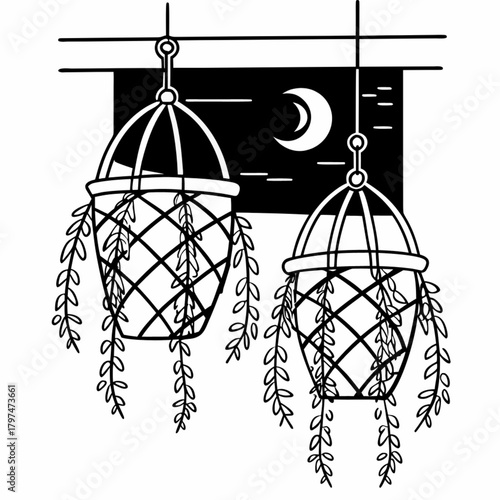 Minimilist two hanging plants in macrame planters against a night sky with a crescent moon illustration vector