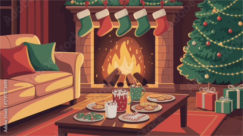 Fireplace living room decorated christmas tree cookies and gift vector image