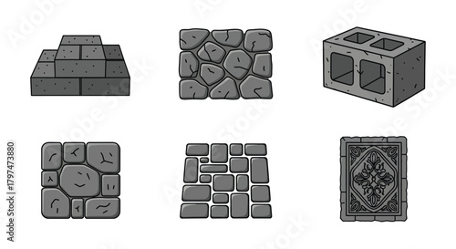 Stylized Building Materials Icons Stone Brick Concrete Pavement Tile Assets