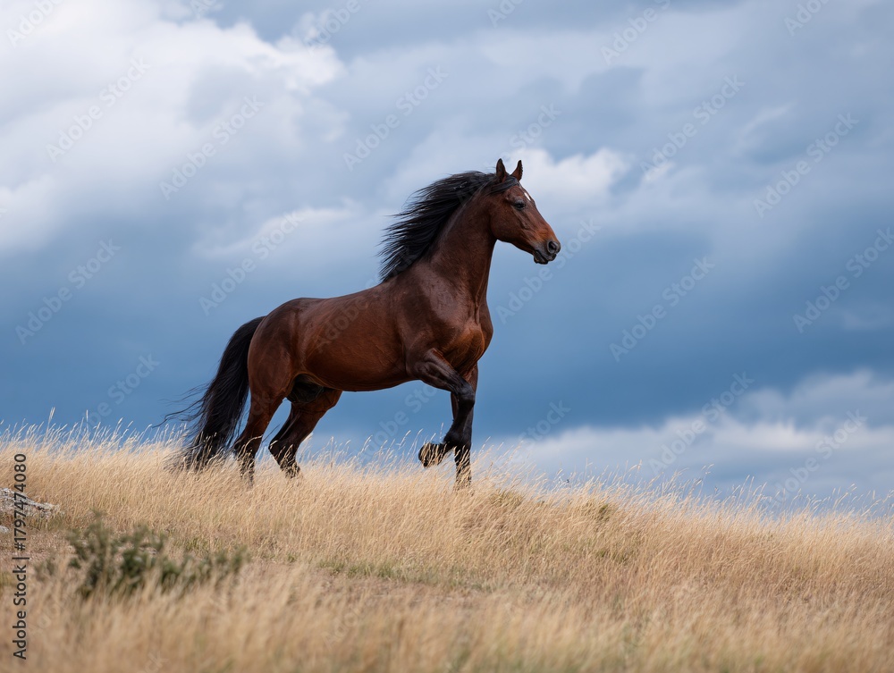 Obraz premium Strong Andalusian horse running across a grassy hillside under cloudy skies