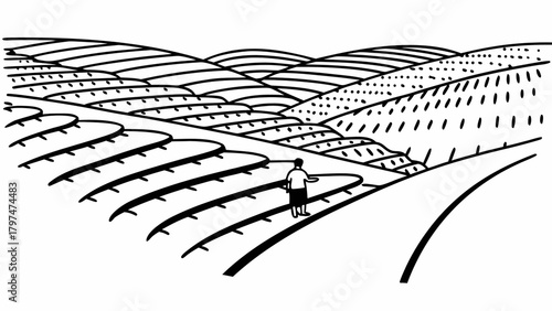 Minimilist illustration of a farmer working in terraced fields with rolling hills in the background scenery vector