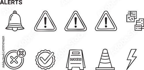 Set of various alert icons. Including the Bell, Danger, Check mark, exclamation mark, warning and lightning symbols