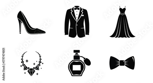 Elegant fashion accessories icons set luxury tuxedo dress shoes jewelry perfume