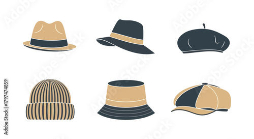 Fashion Hats Collection Fedora Beret Beanie Bucket Cap Icons Set