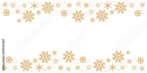 A seamless, festive border design featuring multiple golden/bronze snowflakes of various sizes forming decorative edges along the top and bottom of the frame, set against a clean white background with