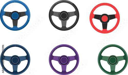 Colorful steering wheel set, stylized car parts, automotive design, vehicle interior, customization concept, cartoon wheels, driving theme, transport icon
