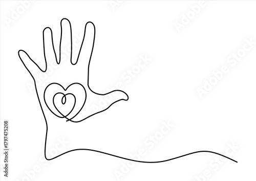 Continuous one line of hand with heart. Raised hands volunteering vector concept one line. Hand drawn. Editable stroke 