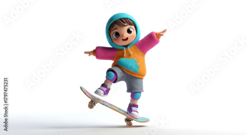 Cheerful Cartoon Child Skateboarder in Colorful Hoodie and Protective Gear.