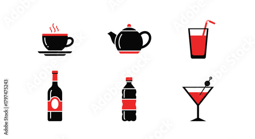 Beverage Icons Set Coffee Tea Cocktails Wine Soda Drinks Collection
