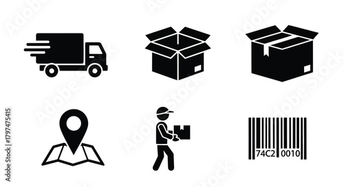 E commerce Shipping Delivery Icons Set Tracking Box Courier Barcode