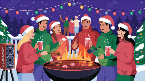 New year festive gathering people grilling eating drinking near decorative trees