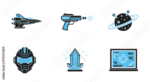 Sci fi space technology icons set spaceship helmet planet vector assets