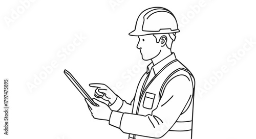A diligent male engineer wearing a protective hard hat and safety vest meticulously reviews digital plans on a tablet, symbolizing modern construction and project management.