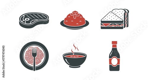 Gourmet Food Icons Set Steak Sandwich Pasta Soup Bottle Vector