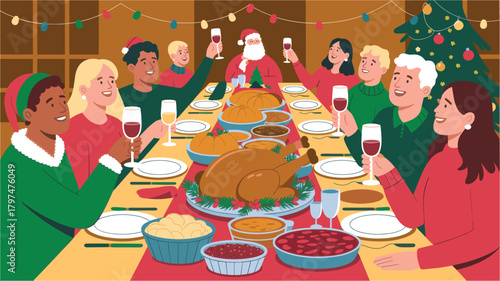 People enjoy and celebrate thanksgiving dinner table family together vector