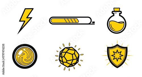 Yellow Game Power Up Icons Set Energy Magic Shield Resource Status Bar