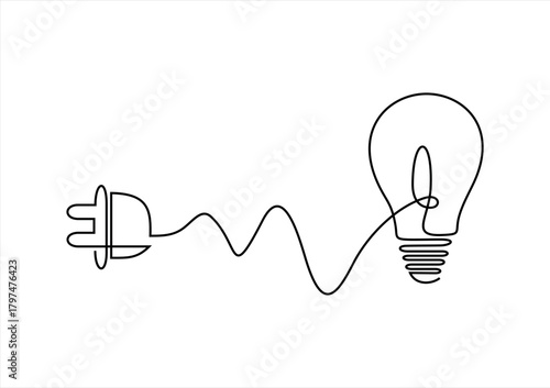 Continuous line drawing light bulb connected in a socket with a plug. One line luminous light bulb isolated on white background. Hand drawn creative idea. Vector illustration