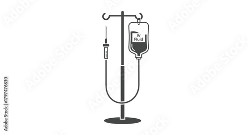 Medical IV Drip Stand with Bag and Syringe Icon.