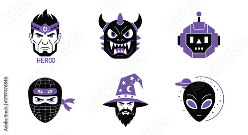 Six Fantasy Gaming Avatars Icon Set Hero Villain Robot Wizard Alien Ninja