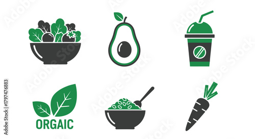 Organic Food Icons Set Healthy Eating Symbols Vegan Lifestyle Graphics