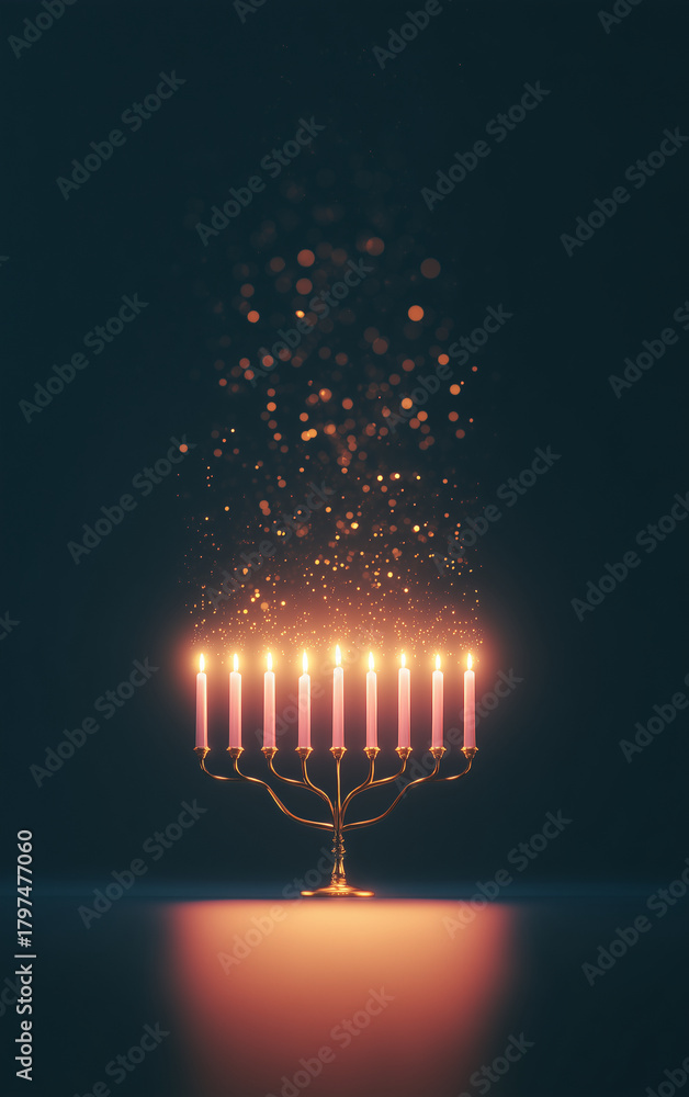 Naklejka premium elegant hanukkah menorah with glowing candles standing on reflective surface, golden festive lights rising upward like sparkling particles, minimalist holiday composition for seasonal greetings 