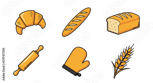 Bakery Food and Baking Utensils Icons Set Flat Cartoon Design