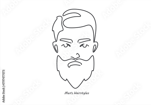 line drawing of adult man portrait with beard and mustache. Fashionable men's style vector illustration. line drawing. Editable stroke. 