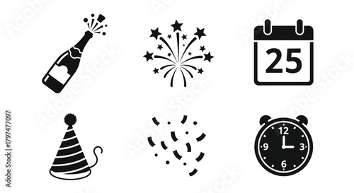 New Year Celebration Icons Set Champagne Fireworks Party Hat Calendar Clock
