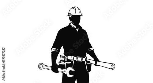 A silhouetted construction worker or tradesman stands confidently, equipped with essential tools and a hard hat, representing skilled labor and industrial expertise.