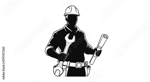 A striking silhouette of a skilled worker in a hard hat, holding a wrench and blueprints, symbolizing professional construction, engineering, and repair services.