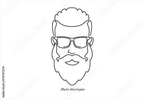 line drawing of adult man portrait with beard and mustache. Fashionable men's style vector illustration. line drawing. Editable stroke. 