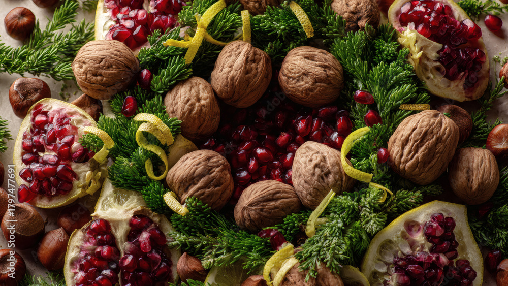 Fototapeta premium Vibrant and earthy flat lay arrangement of fresh winter greens, ruby red pomegranates, rustic walnuts, and hazelnuts, perfectly capturing the natural essence of the holiday season