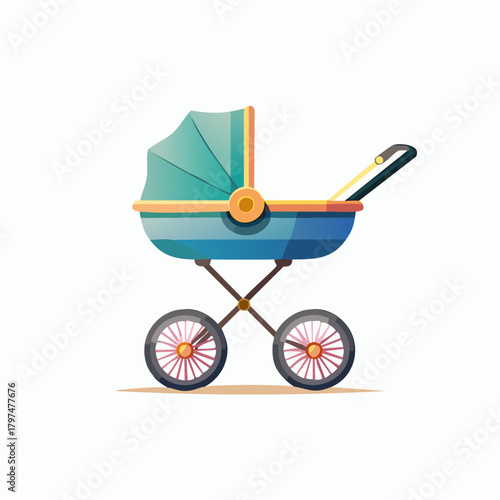 A vibrant blue and green baby stroller with orange accents, ready for a comfortable ride.