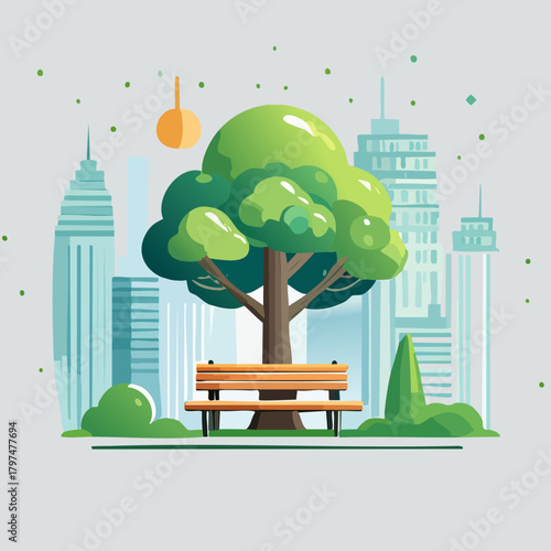 A tranquil park bench under a large tree in a modern city.