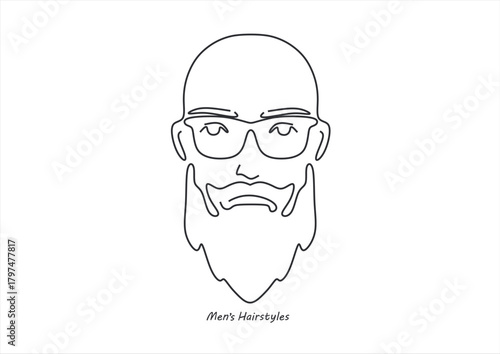 line drawing of adult man portrait with beard and mustache. Fashionable men's style vector illustration. line drawing. Editable stroke. 