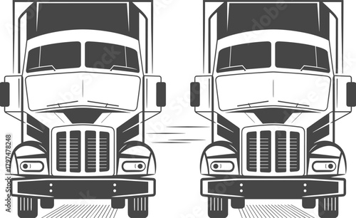 Black and white vector illustration of two large cargo trucks front view, transportation logistics and delivery service design concept artwork