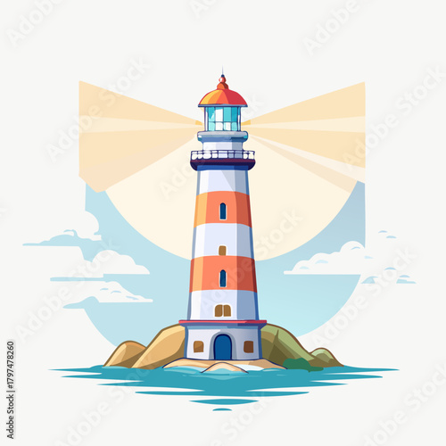 A vibrant cartoon lighthouse stands tall on a small island, emitting bright guiding lights across the calm blue sea under a clear sky.
