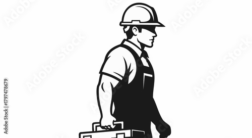 A skilled male construction worker or handyman, wearing a hard hat and overalls, confidently walks with his essential toolbox, symbolizing professional service and industrial expertise.