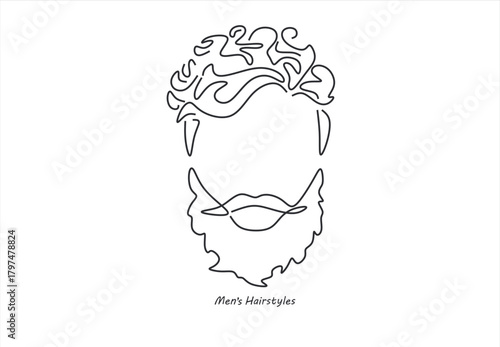 line drawing of adult man portrait with beard and mustache. Fashionable men's style vector illustration. line drawing. Editable stroke. 
