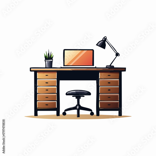 A wooden desk with a laptop and lamp.