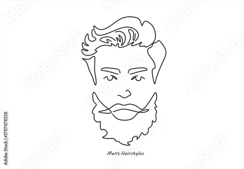 line drawing of adult man portrait with beard and mustache. Fashionable men's style vector illustration. line drawing. Editable stroke. 