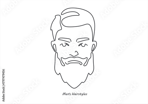 line drawing of adult man portrait with beard and mustache. Fashionable men's style vector illustration. line drawing. Editable stroke. 