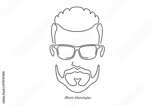 line drawing of adult man portrait with beard and mustache. Fashionable men's style vector illustration. line drawing. Editable stroke. 