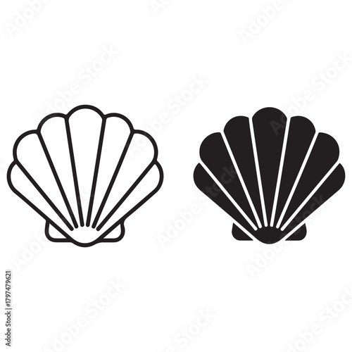 Stylized Scallop Shell Icons: Outline and Solid Black Designs