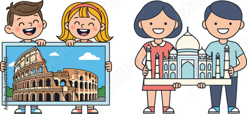 Cartoon children happily holding famous world landmarks, Colosseum and Taj Mahal, travel education concept, cultural heritage learning, global tourism illustration