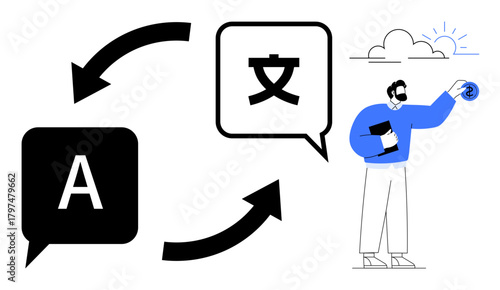 Arrows connect speech bubbles featuring letters and characters, symbolizing language translation. A man holding a book interacts with a cloud icon. Ideal for communication, global interaction