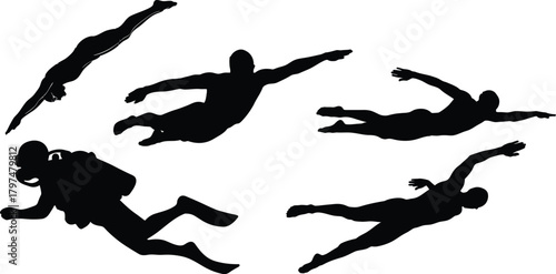 Sports vector of six swimming silhouettes, isolated vector illustration