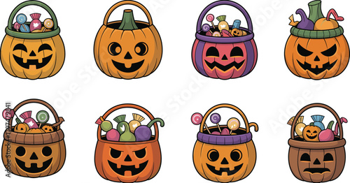 Halloween pumpkin candy basket, cartoon jack-o'-lantern faces, trick or treat buckets, colorful sweets, spooky festive design, holiday celebration